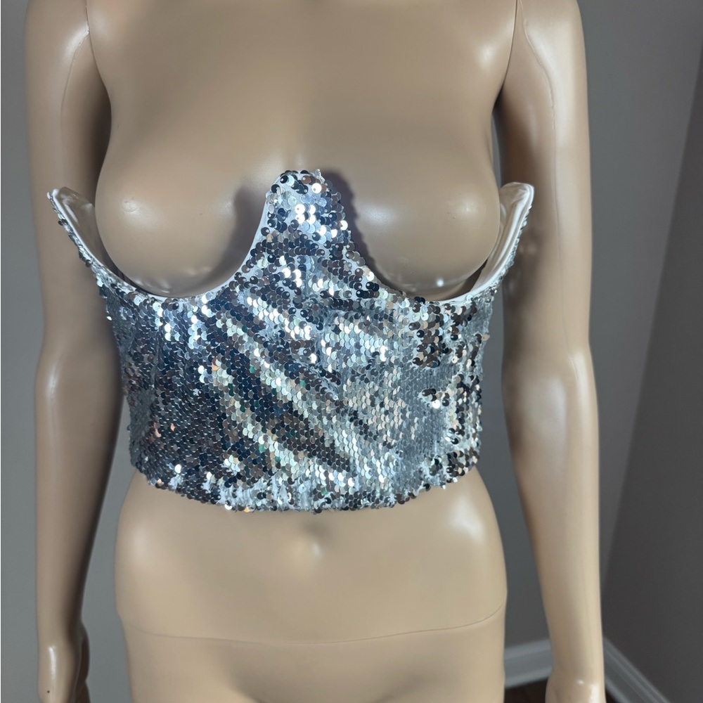 AKIRA Silver Sequin Corset Bustier Crop Top Party Clubwear